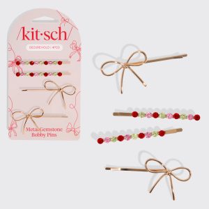 Red. Pink. & Green Gemstone and Bow Bobby Pins